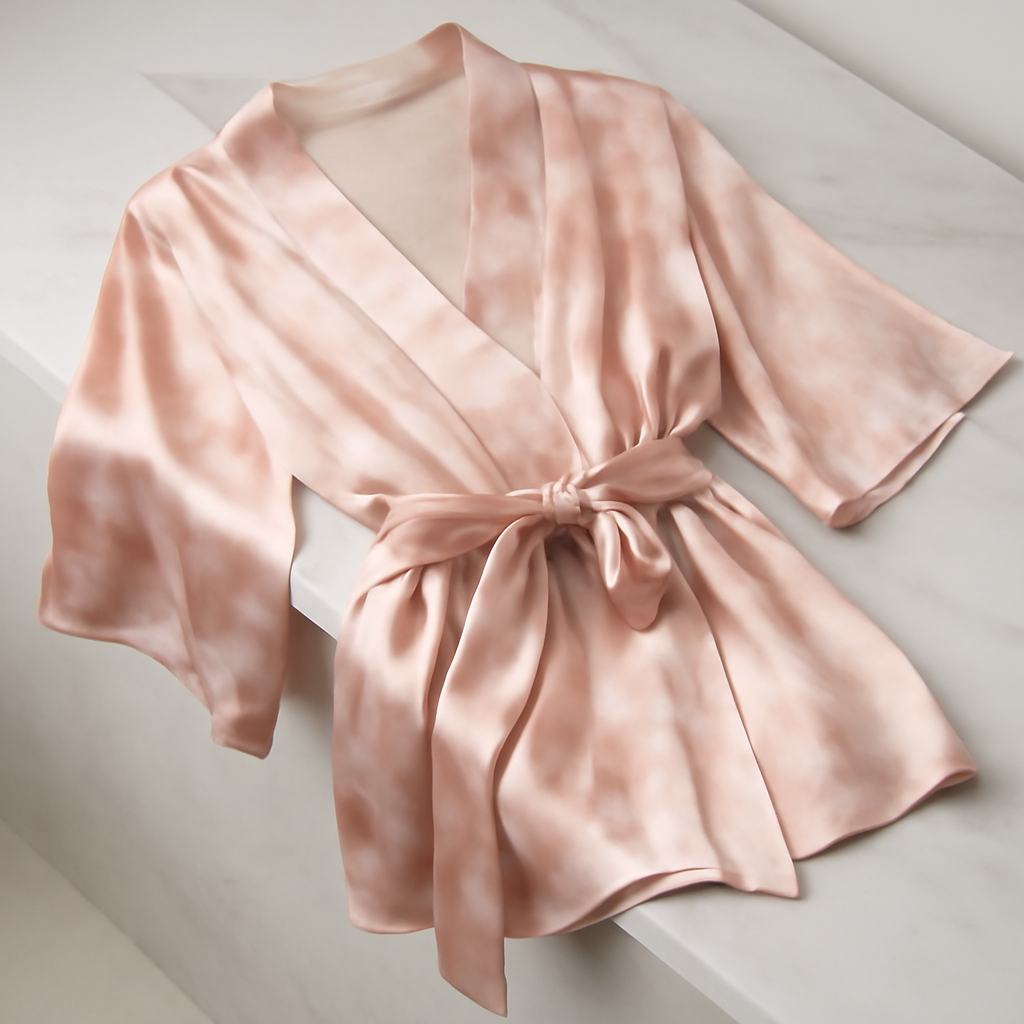 Blush tie-dye silk short robe with belt detail