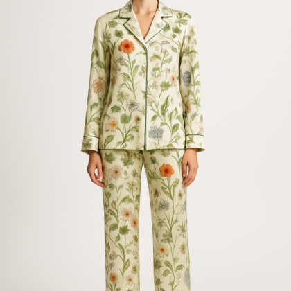 Botanical-Print Silk Pajama Set | Serica House