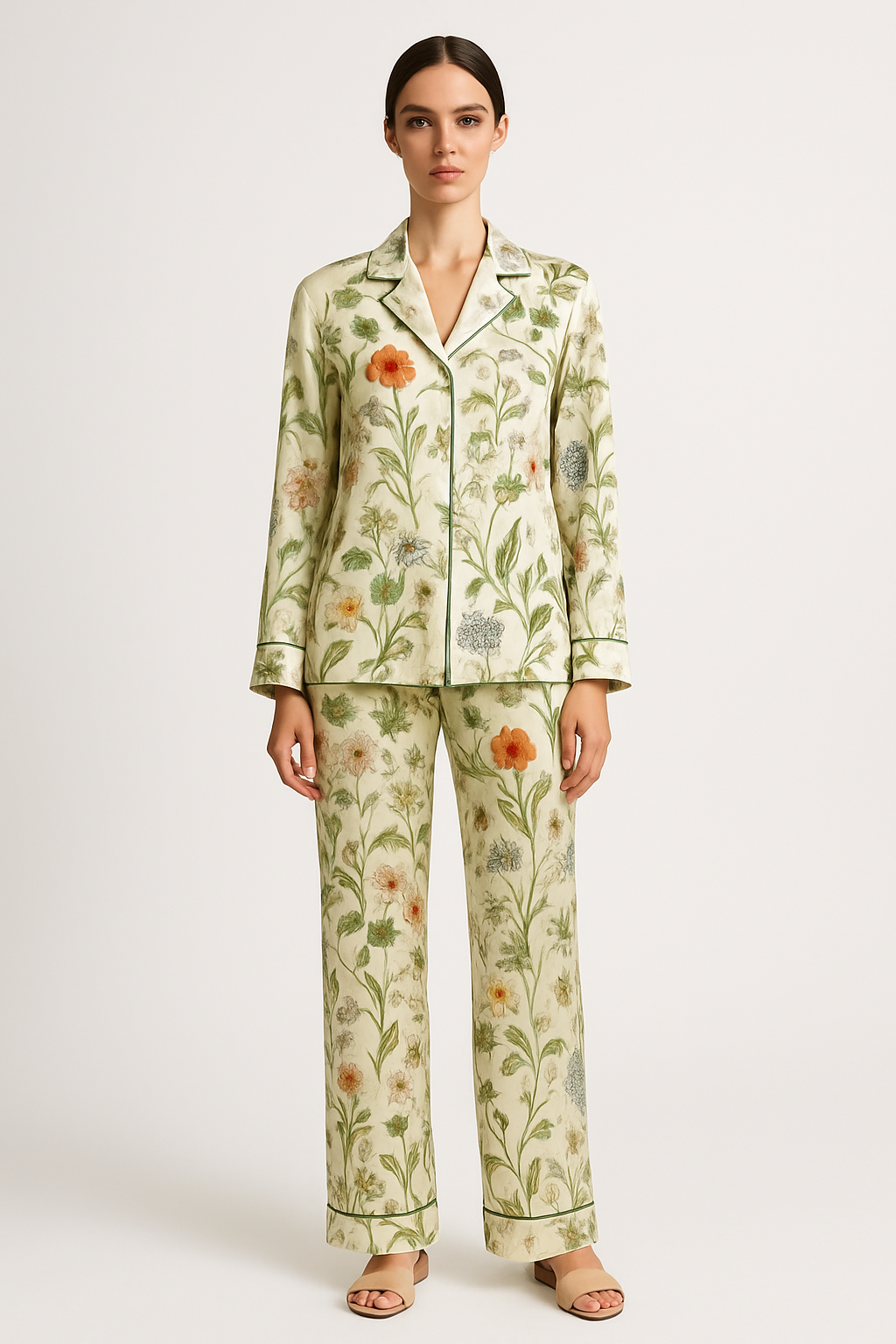 Botanical-Print Silk Pajama Set | Serica House