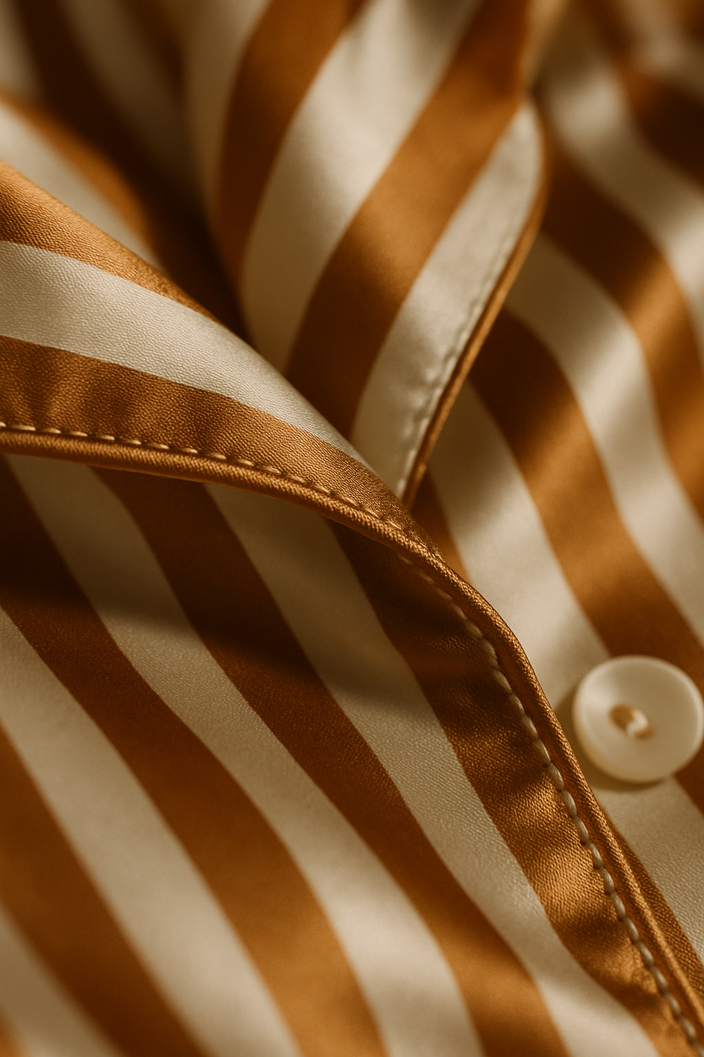 Caramel and ivory striped silk pajama button detail