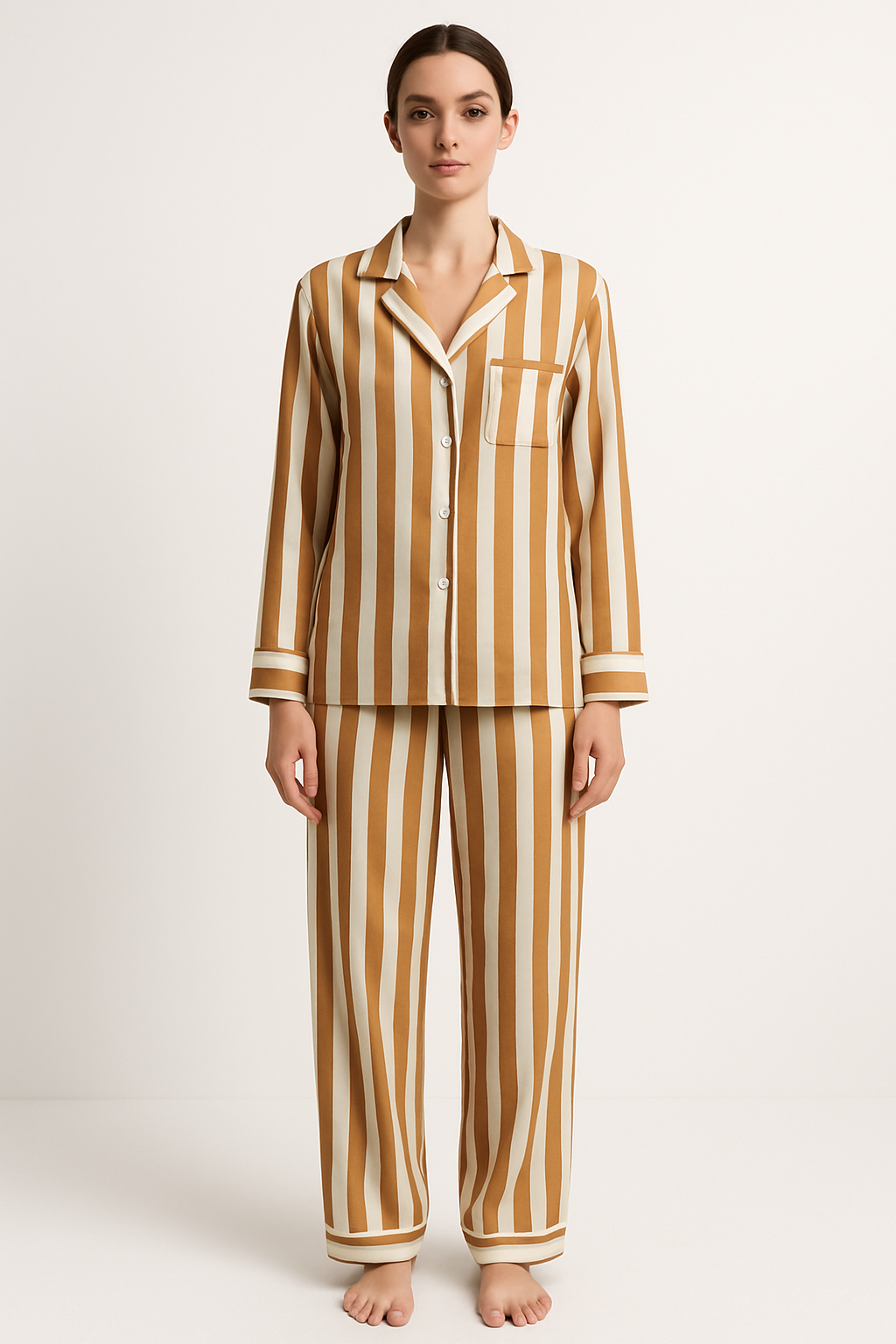 Caramel & Ivory Stripe Silk Pajamas | Timeless
