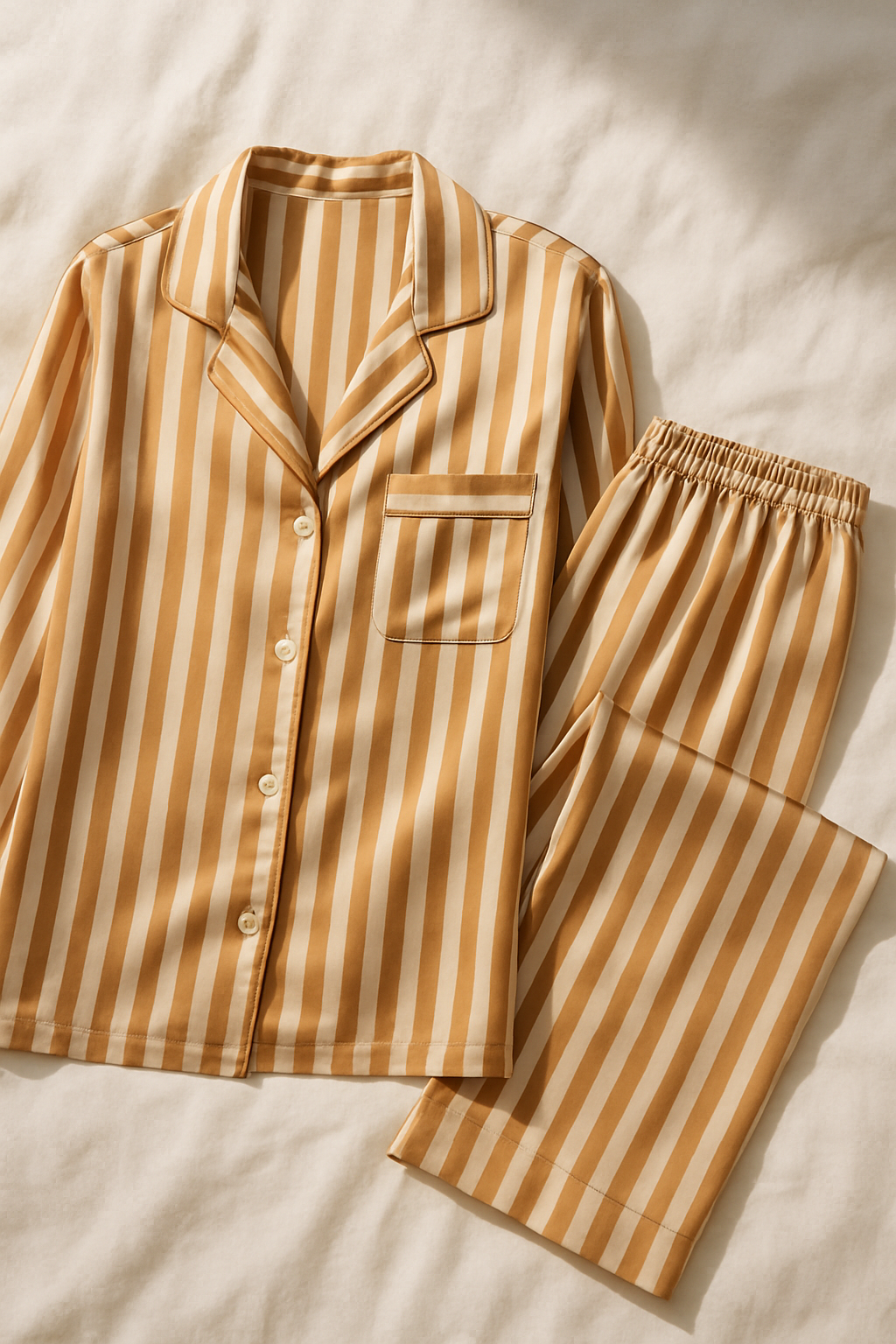 Caramel and ivory striped pajama set on bed