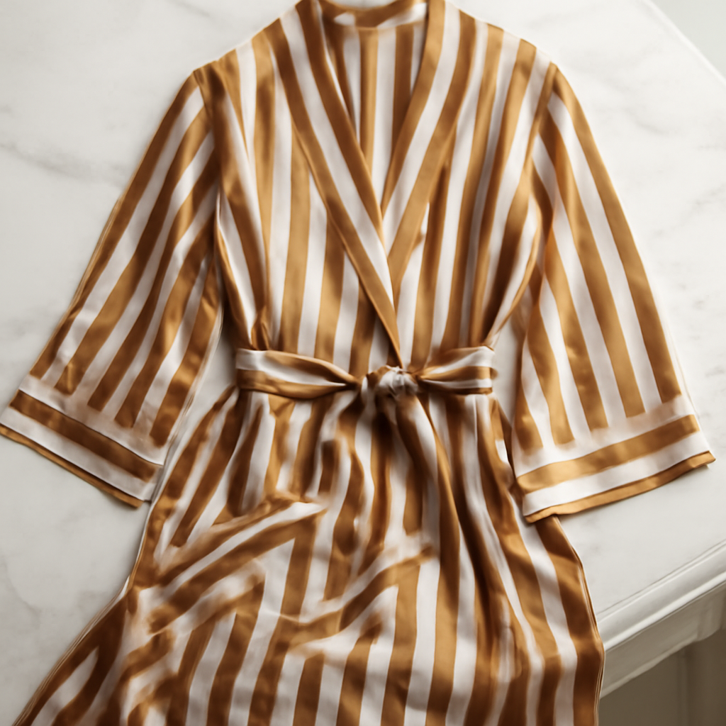Caramel & Ivory Stripe Silk Robe | Serica House - Image 4