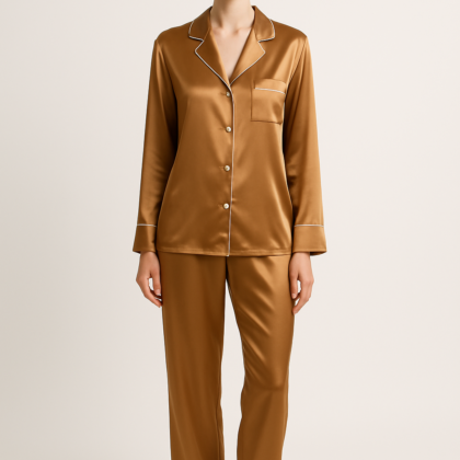 Caramel silk pajama set with white piping