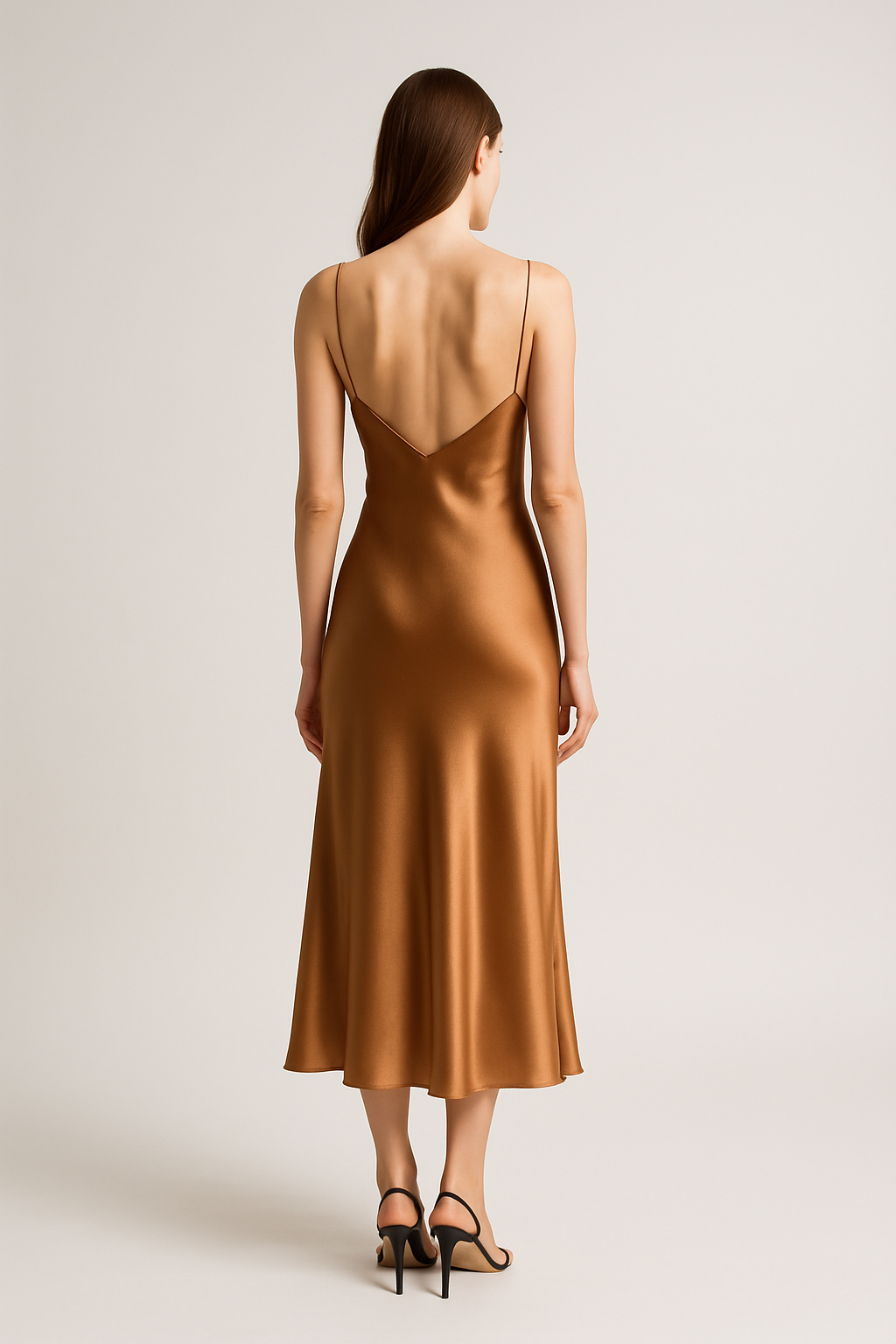 Back view of caramel silk midi slip dress