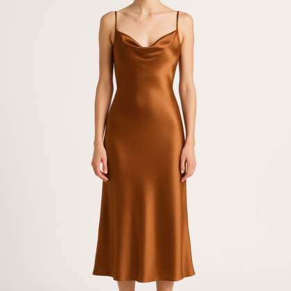 Front view of caramel silk slip dress