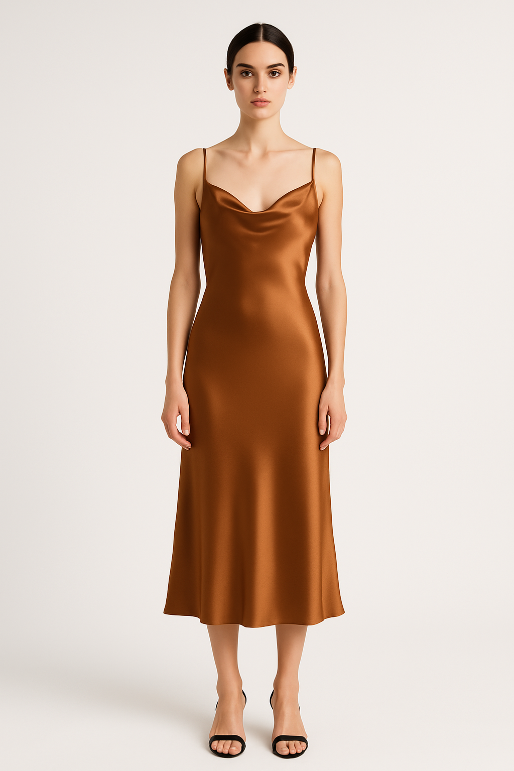 Front view of caramel silk slip dress