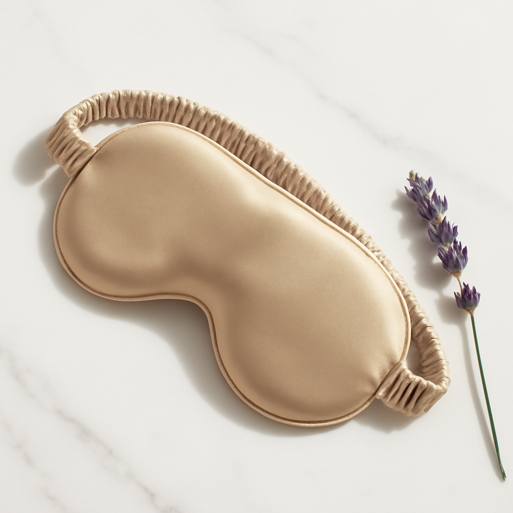 Champagne silk eye mask showing ruched band