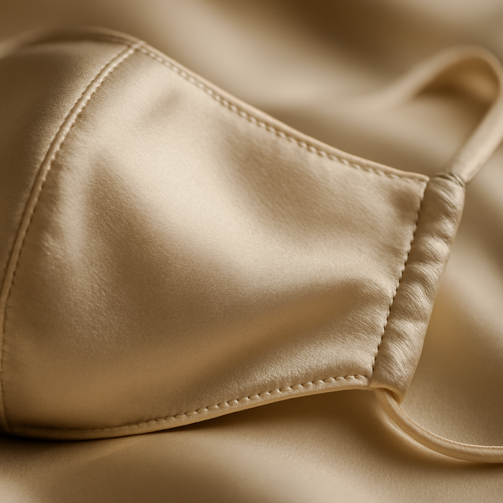 Close-up of champagne silk mask fabric