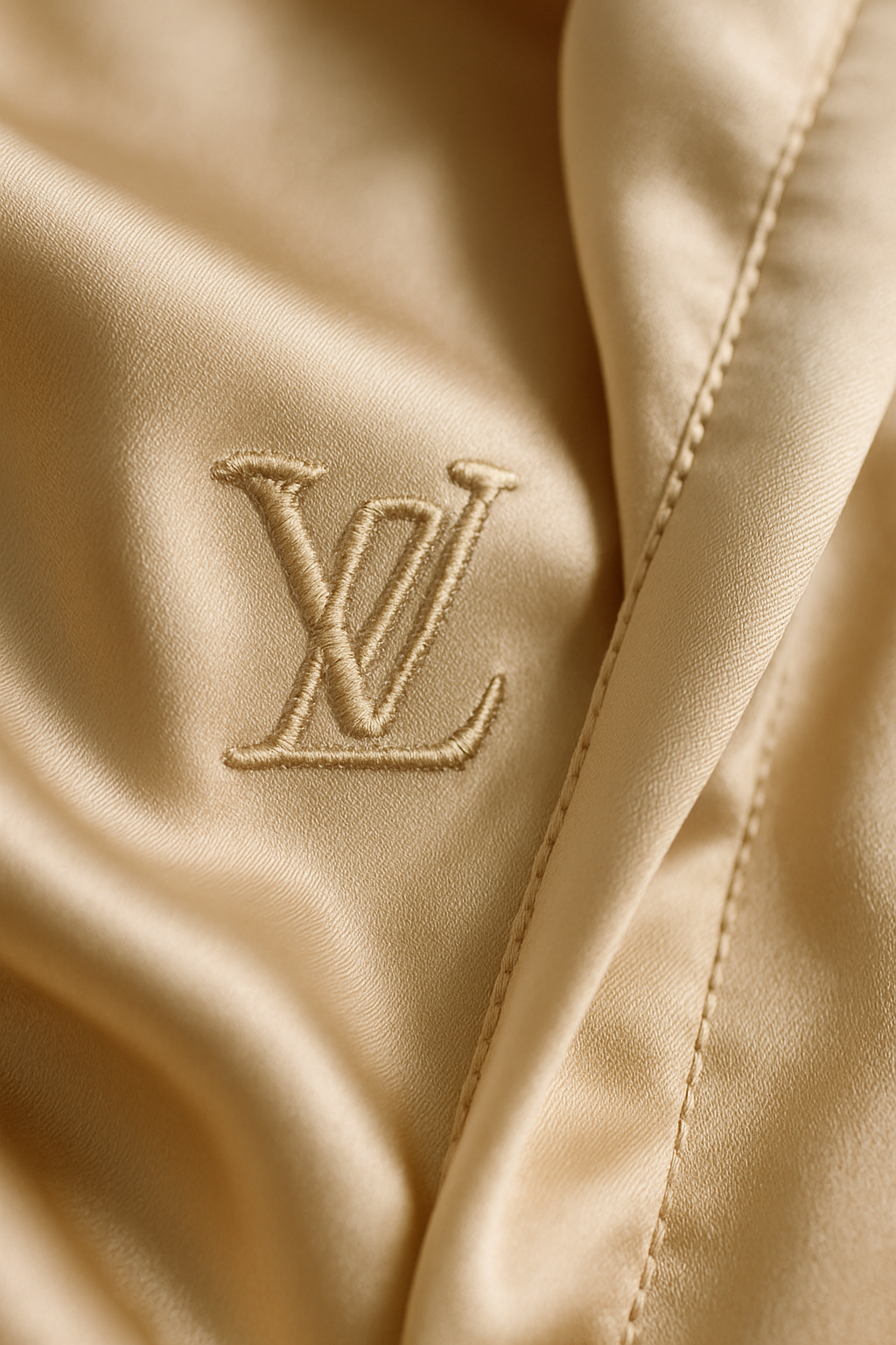 Champagne silk robe monogram detail close-up