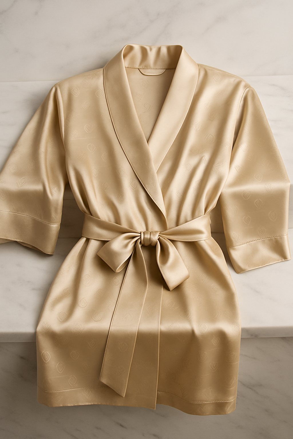 Champagne silk robe with monogram and belt