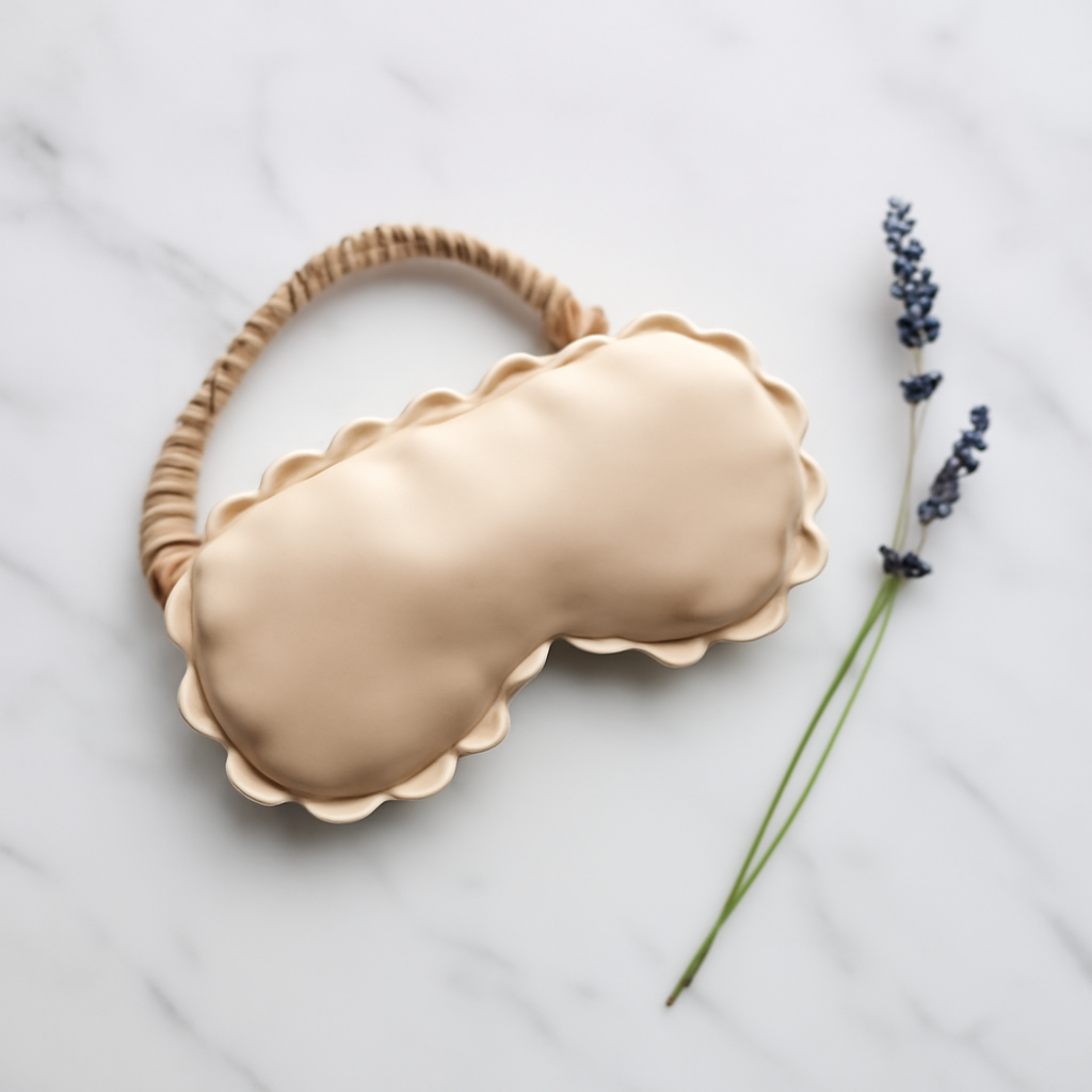 Champagne silk eye mask with scalloped edges