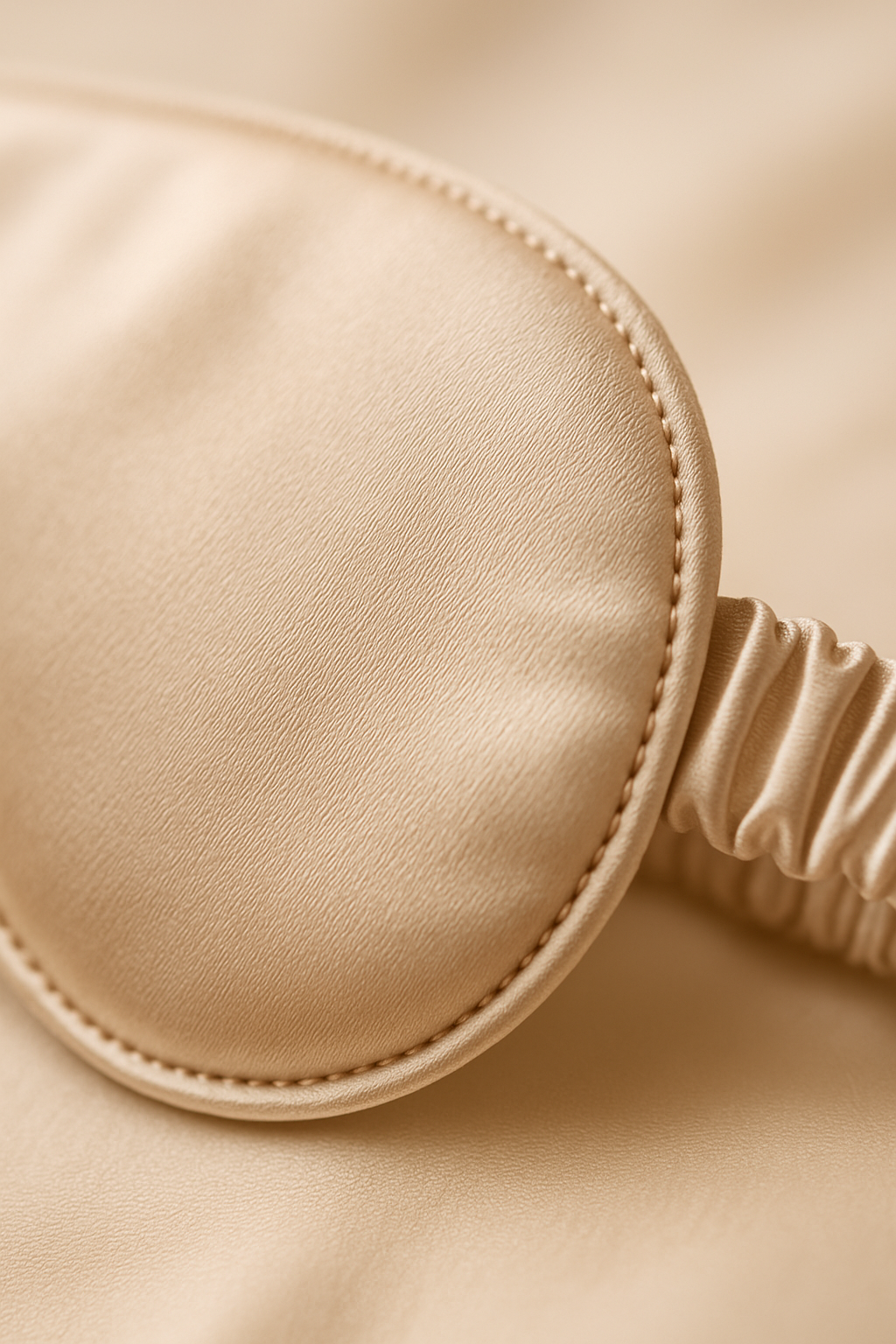 Close-up detail of champagne silk eye mask stitching