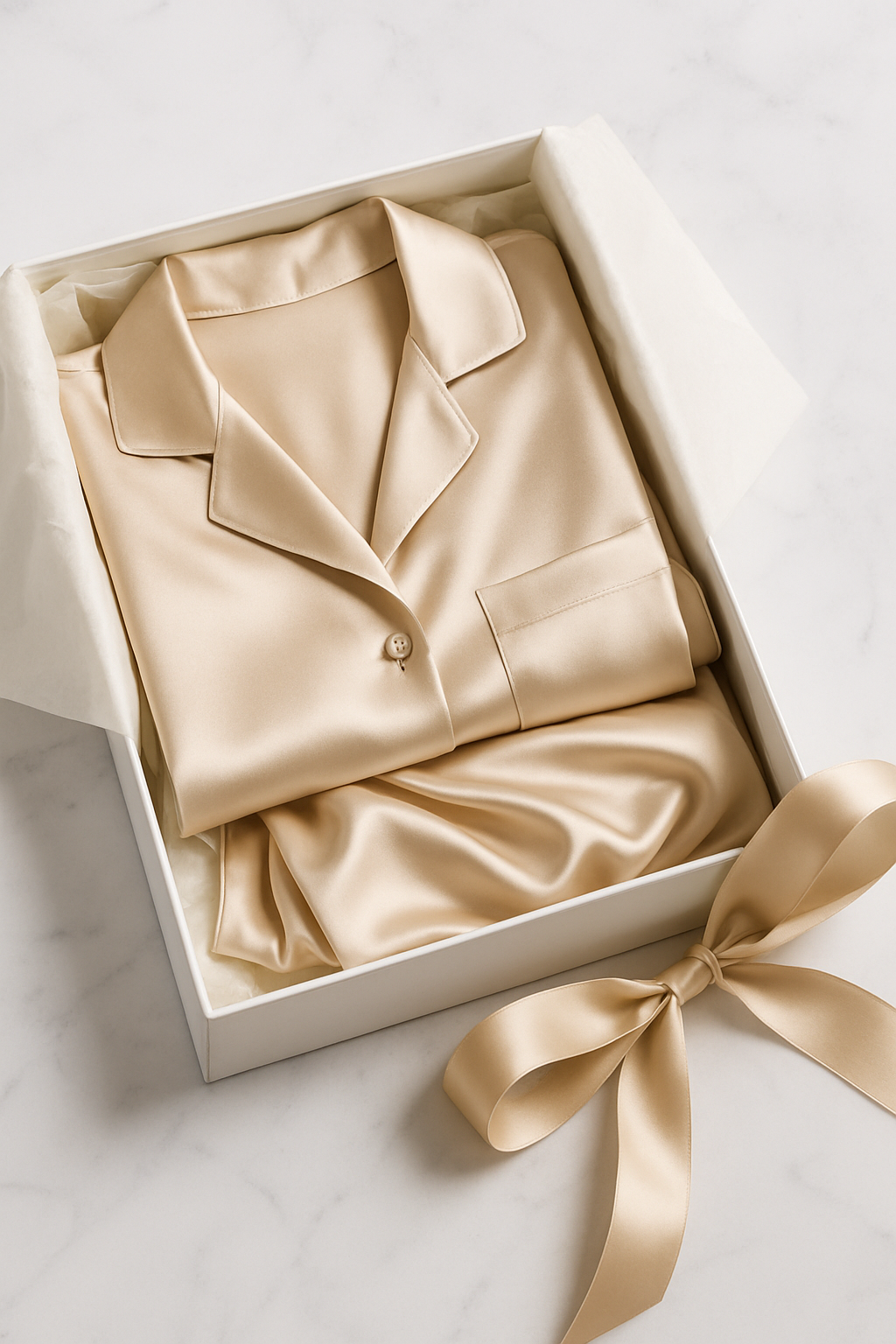 Champagne silk pajama set with open lid and ribbon