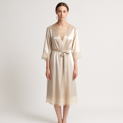 Champagne Silk Robe | Lace Elegance