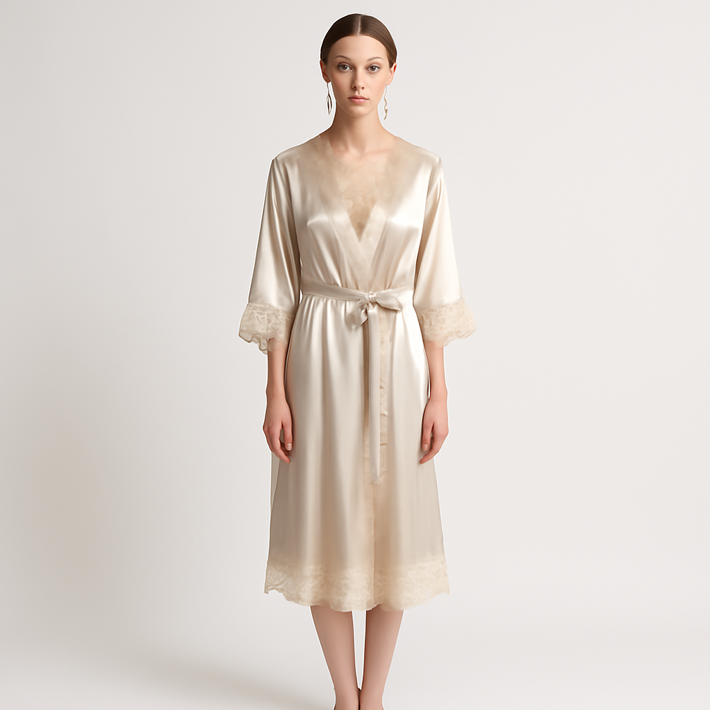 Champagne Silk Robe | Lace Elegance