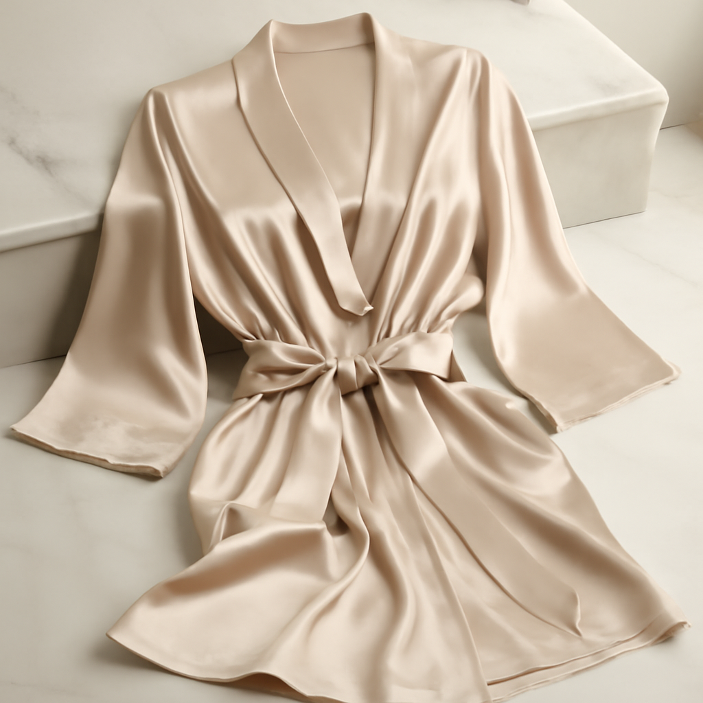 Champagne Silk Robe with Sash Belt | Serica - Image 3