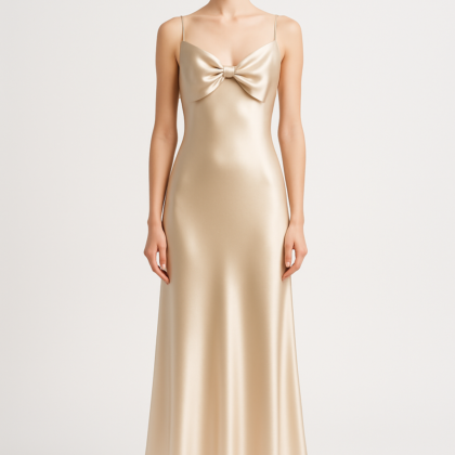 Champagne Silk Slip Dress with Bow - Serica