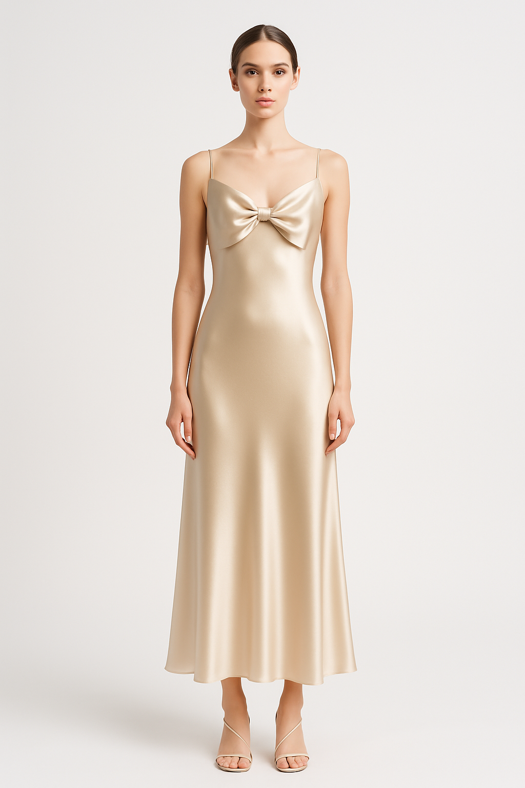 Champagne Silk Slip Dress with Bow - Serica