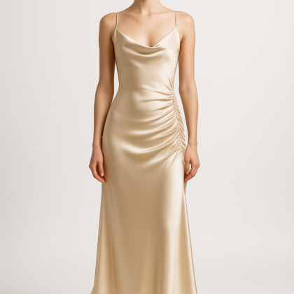 Champagne Silk Slip Dress – Ruched Elegance