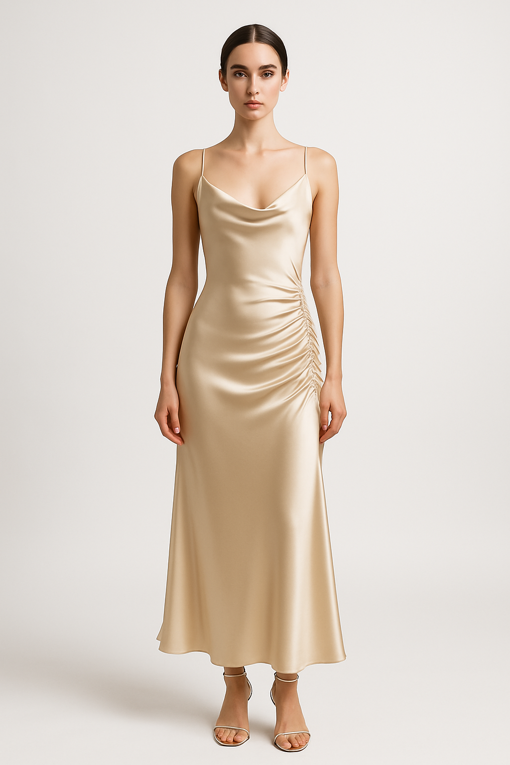Champagne Silk Slip Dress – Ruched Elegance
