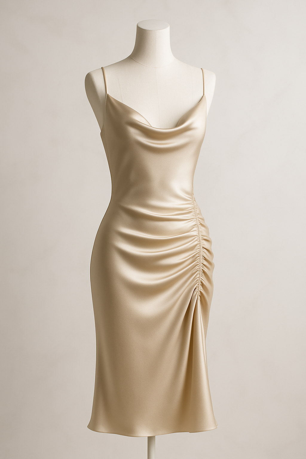 Champagne silk slip dress with side ruching