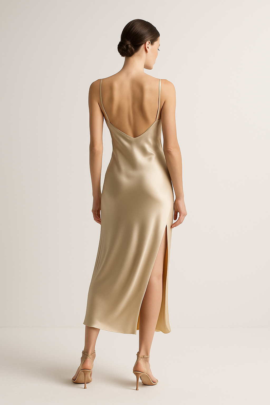 Champagne slip dress with low back and side slit