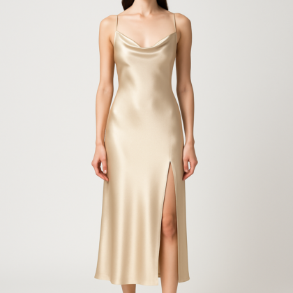 Champagne silk slip dress with side slit front