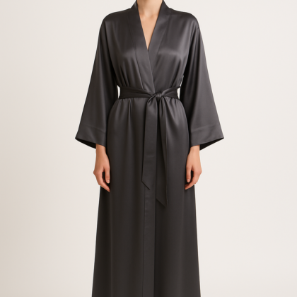 Charcoal Grey Long Silk Robe | Elegant Loungewear