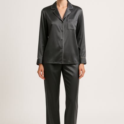 Charcoal grey silk pajama set with pocket