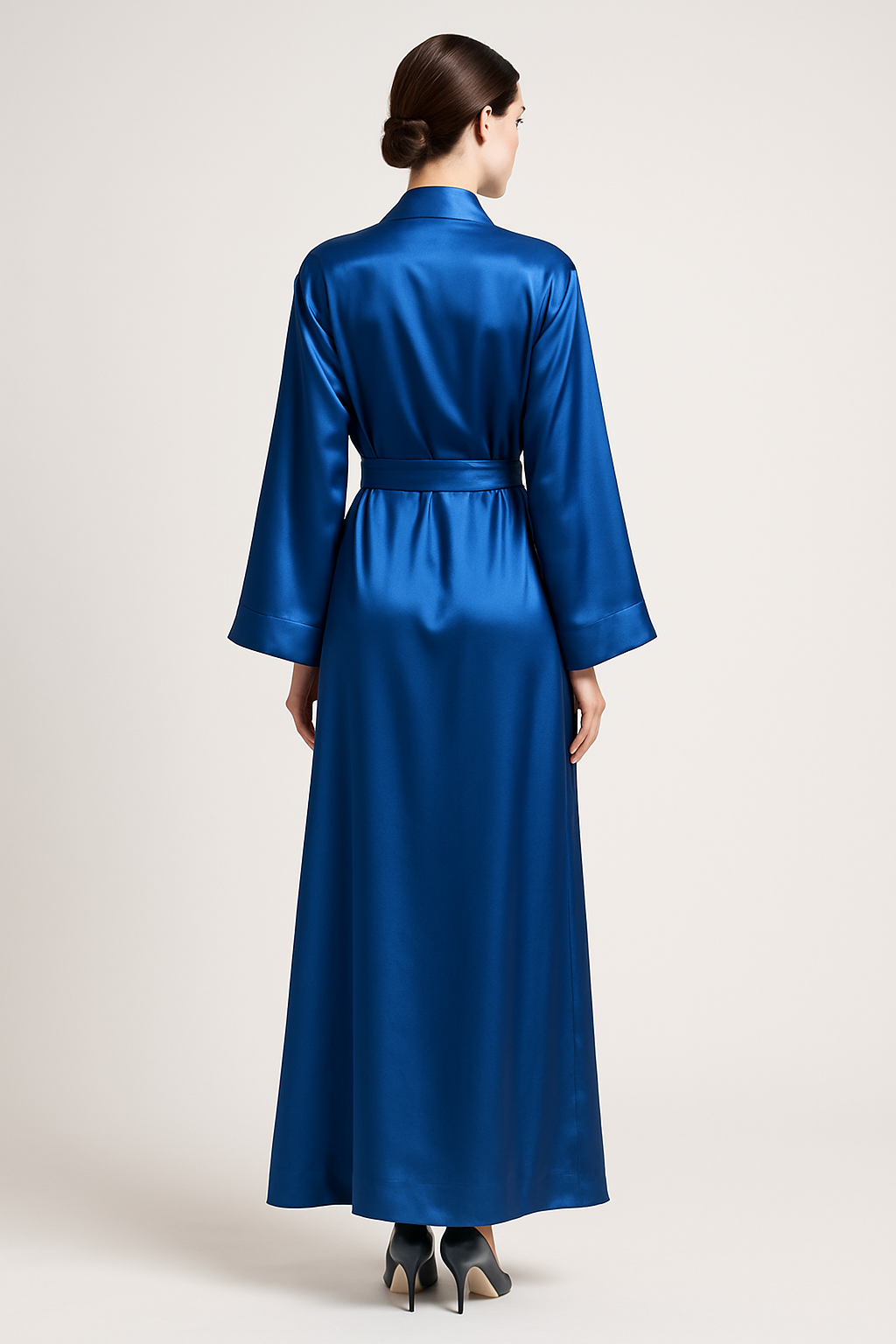 Cobalt blue silk robe with belt back view