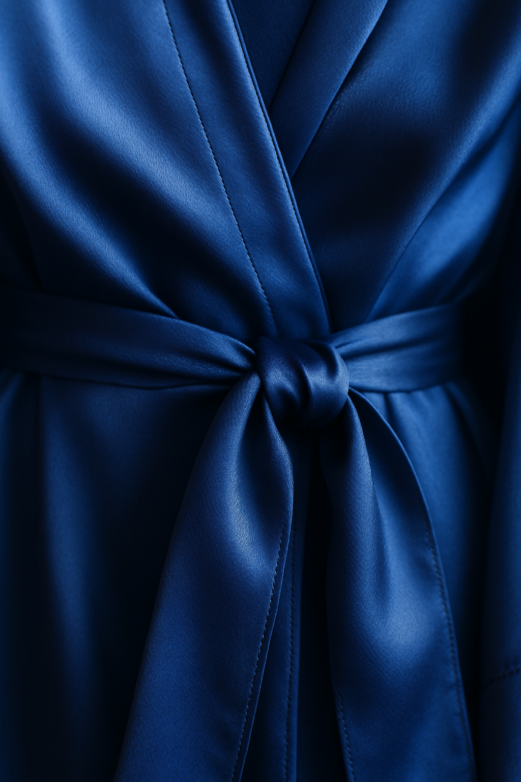 Close-up of cobalt silk robe waist tie