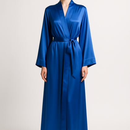 Cobalt blue silk robe with belt front view
