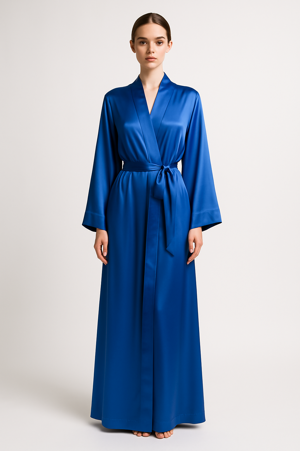 Cobalt blue silk robe with belt front view