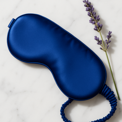 Cobalt blue silk eye mask with lavender sprig