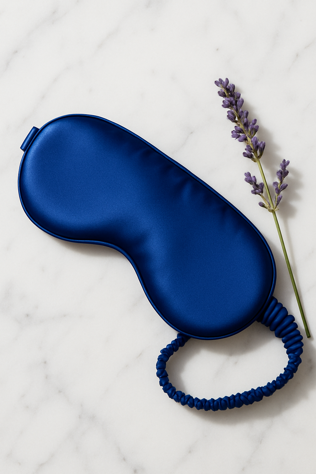 Cobalt blue silk eye mask with lavender sprig