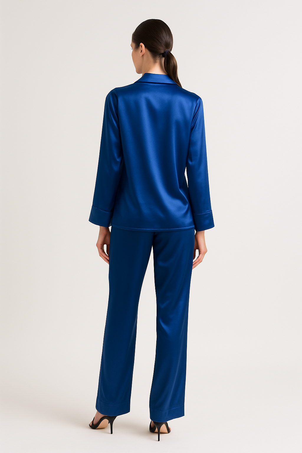 Cobalt blue silk pajama set with heels