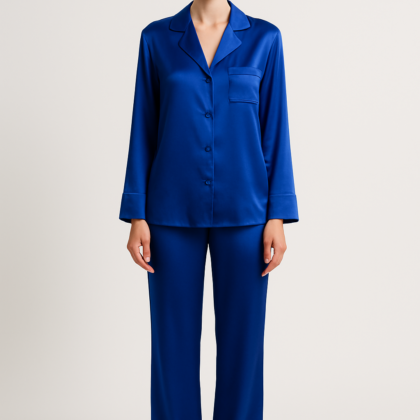 Cobalt blue silk pajama set buttoned shirt