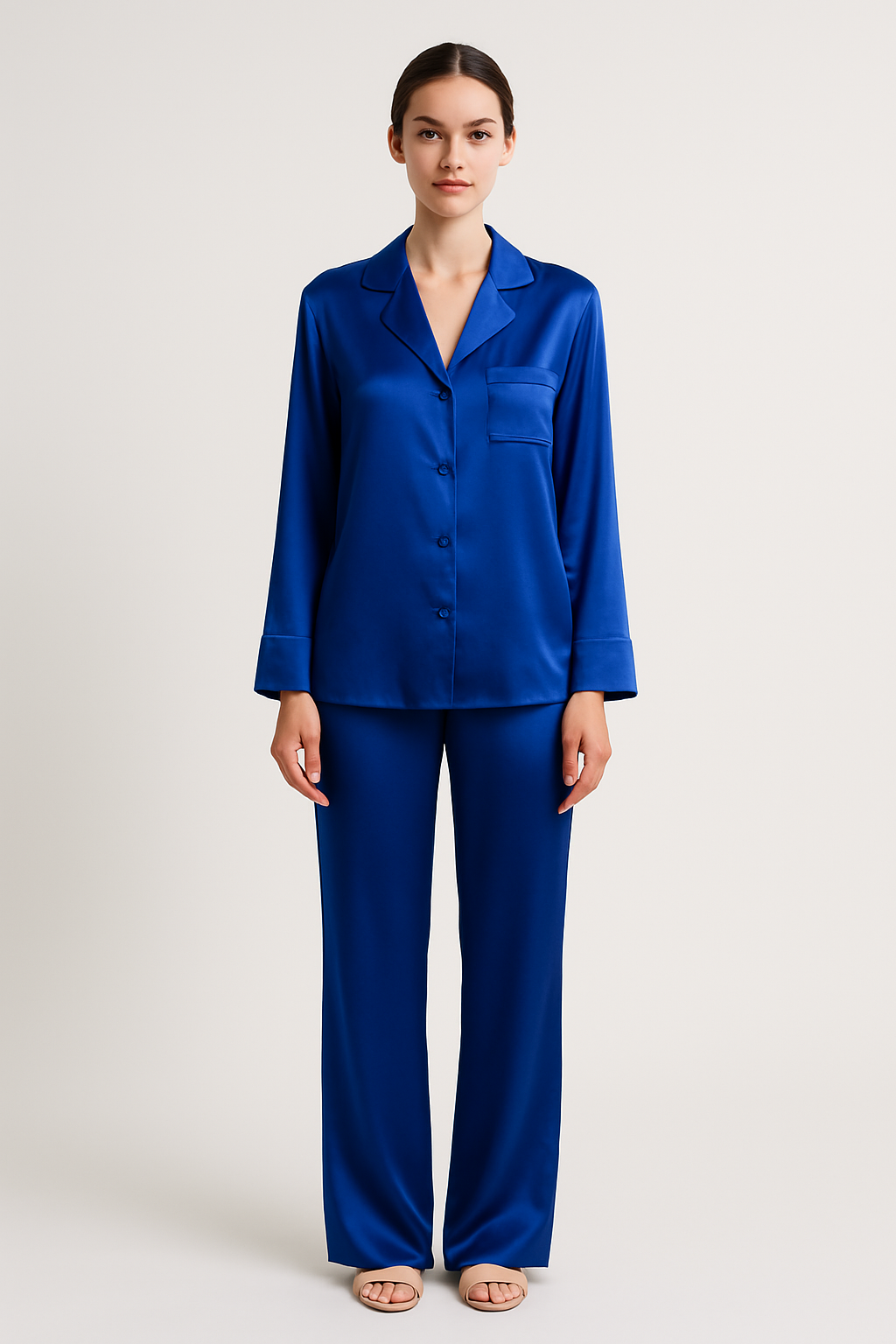 Cobalt blue silk pajama set buttoned shirt