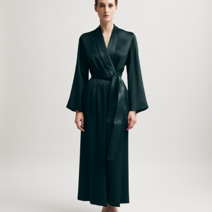 Dark green silk wrap robe front view