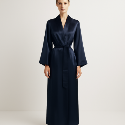 Deep navy silk robe front view with belt