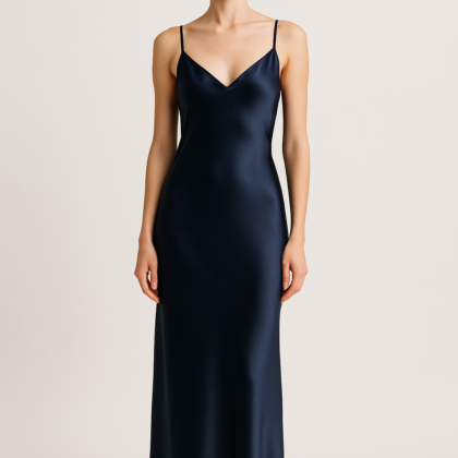 Deep Navy Silk Slip Dress – Elegant Design