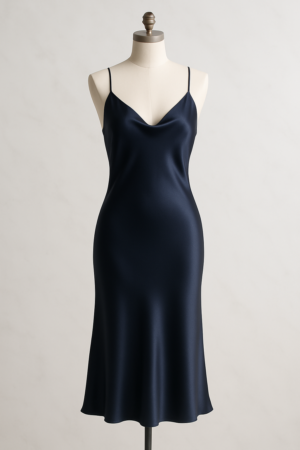 Deep navy silk slip dress with spaghetti straps