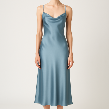 Dusty blue silk midi slip dress front