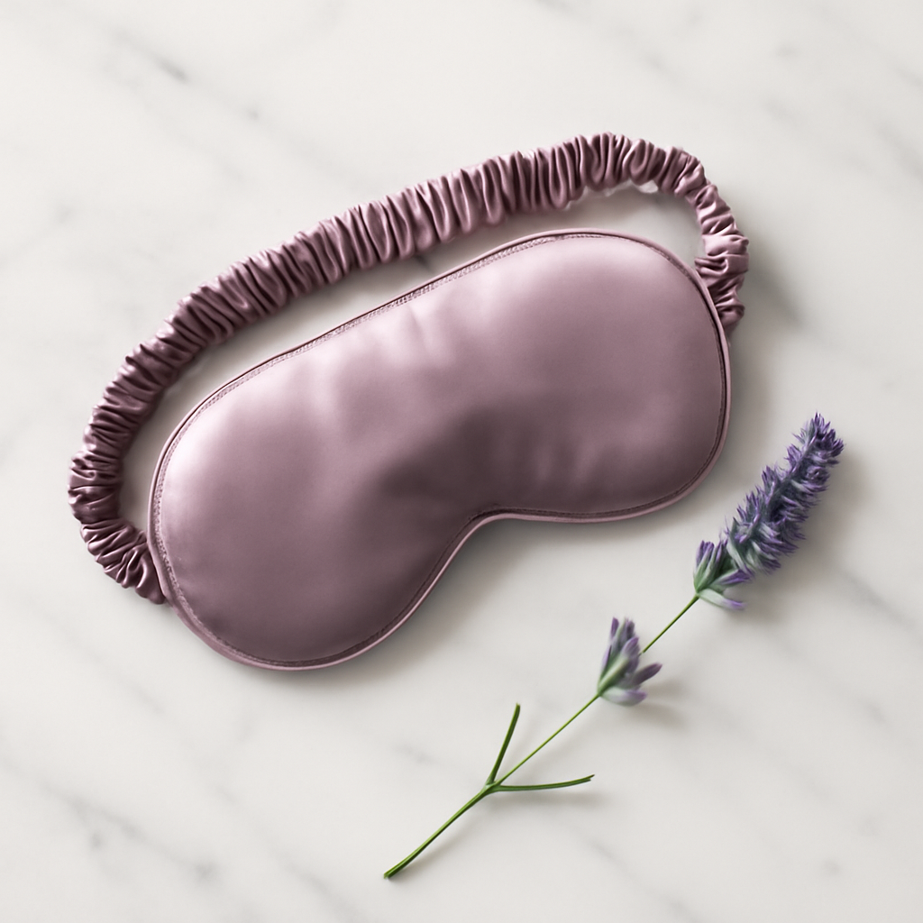 Dusty lilac silk eye mask with lavender sprig