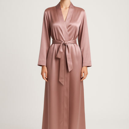 Dusty rose silk robe with belt front view