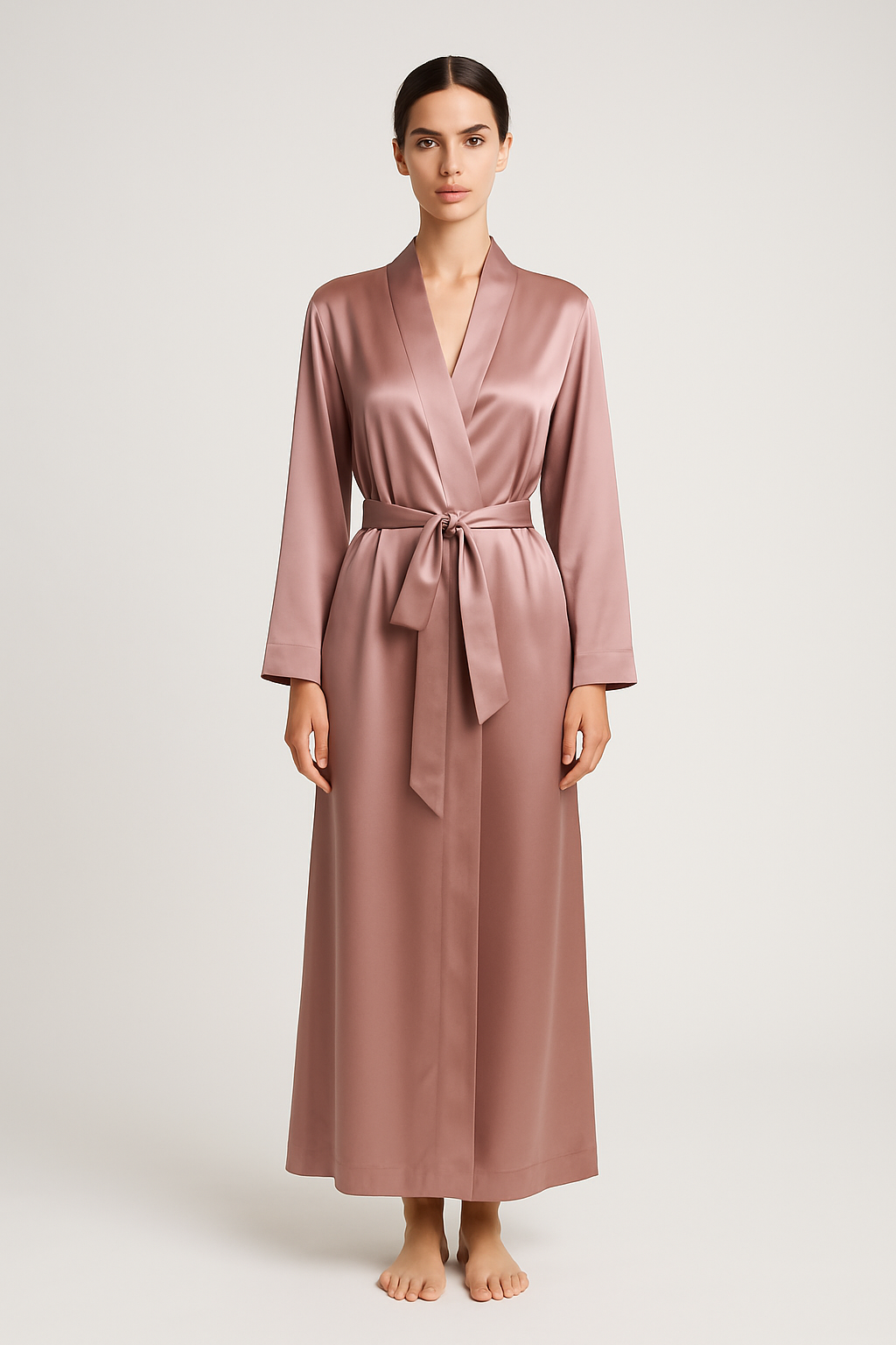 Dusty rose silk robe with belt front view