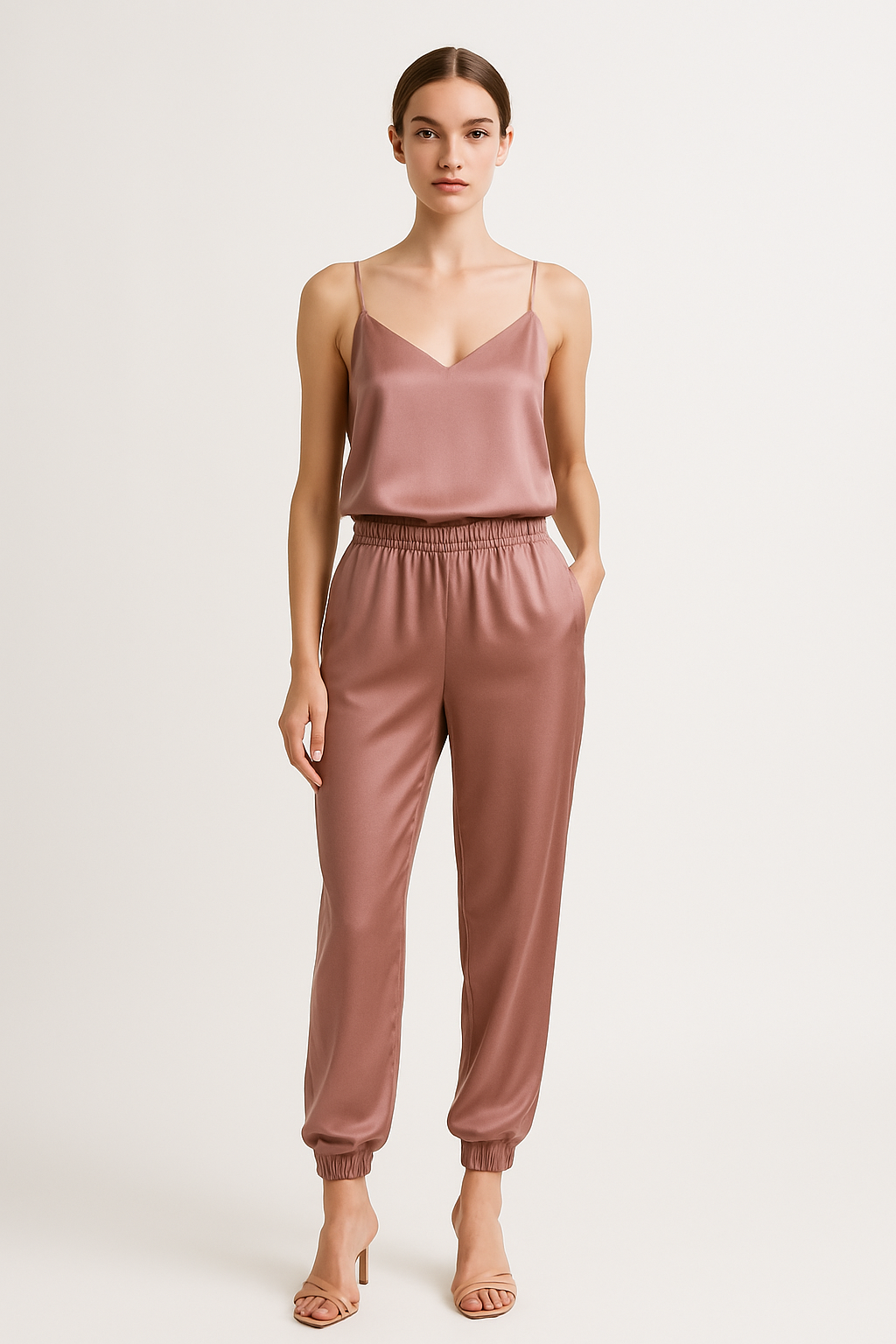 Dusty Rose Silk Cami & Jogger Set | Serica