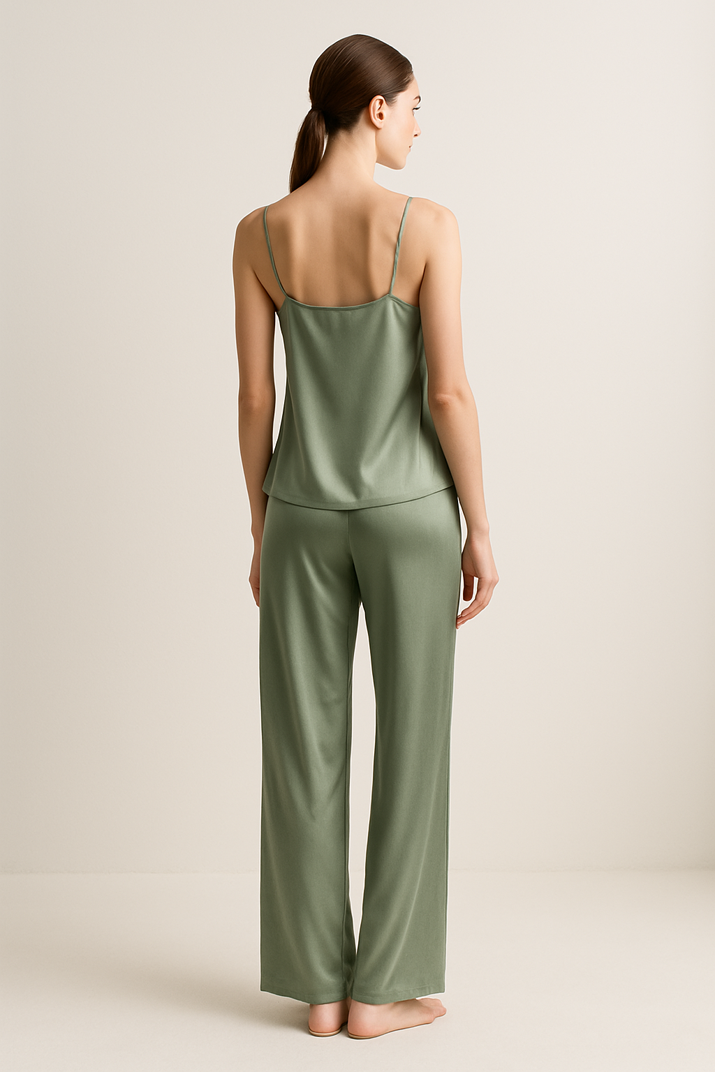 Dusty sage silk camisole and pants back view
