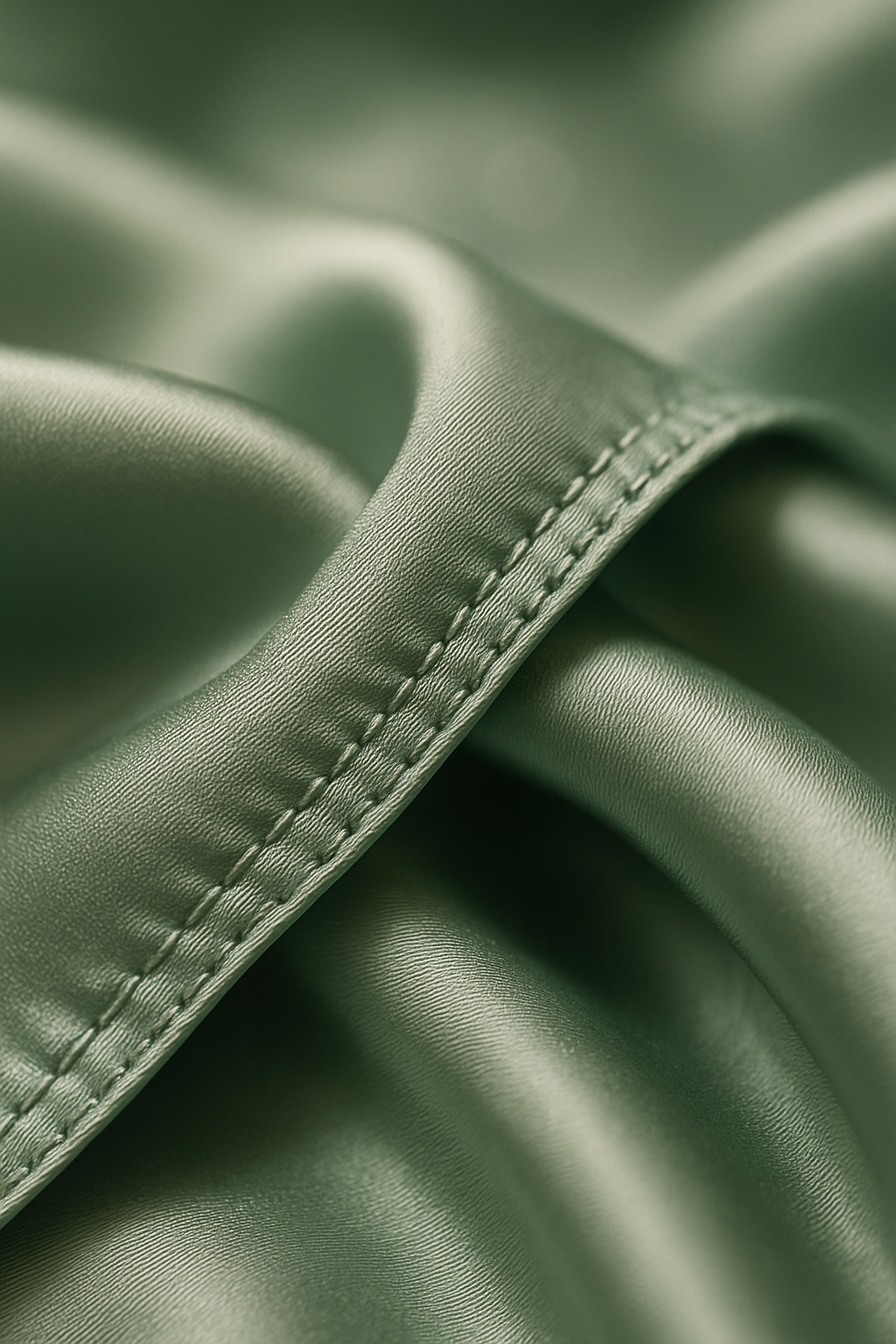 Dusty sage silk fabric with smooth stitching